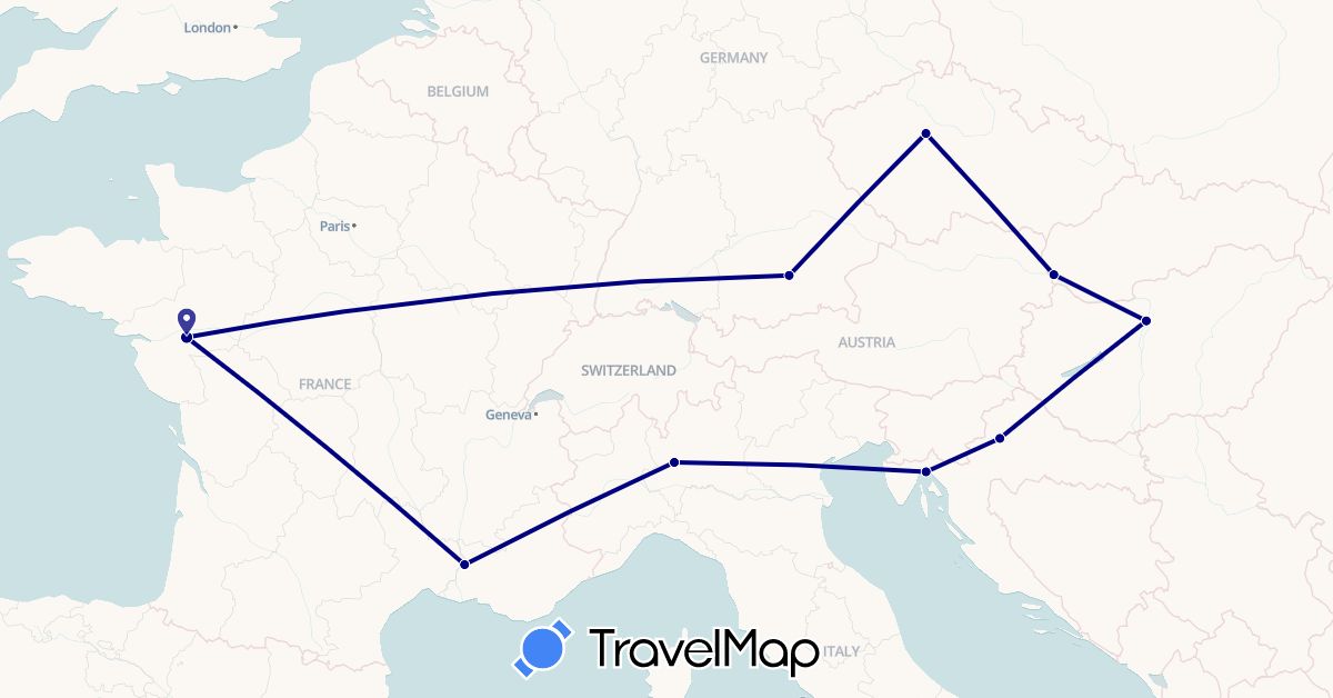 TravelMap itinerary: driving in Czech Republic, Germany, France, Croatia, Hungary, Italy, Slovakia (Europe)
